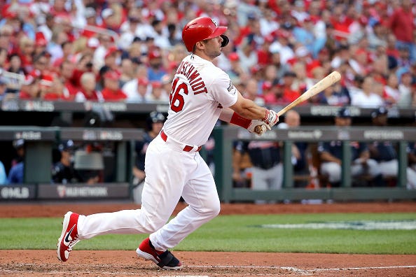 Paul Goldschmidt rips a base hit for the Cardinals.