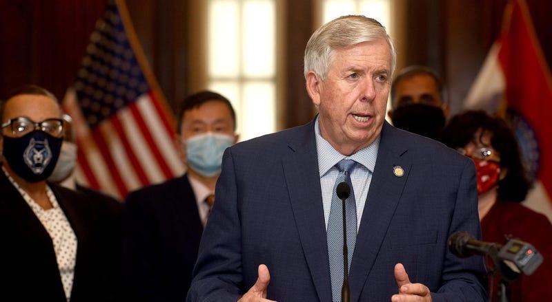 Missouri Gov. Mike Parson tests positive for covid-19, seen here at a press conference in August 2020