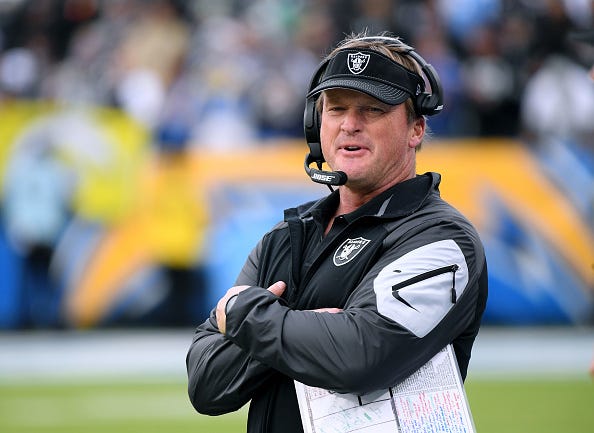 Jon Gruden scowls on the sideline during a Raiders game.
