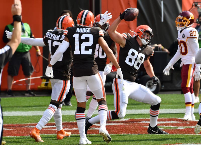 Cleveland Browns tight end Harrison Bryant spikes the ball after catching a touchdown during the second half against the Washington Football Team at FirstEnergy Stadium.
