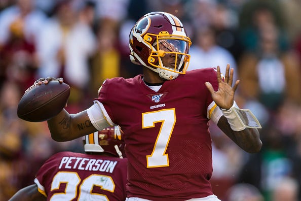 Redskins QB Dwayne Haskins fires off a pass.