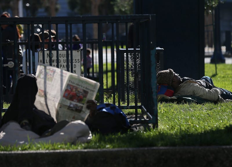 A homeless man sleeps in the park on December 10, 2012 in San Francisco, California.