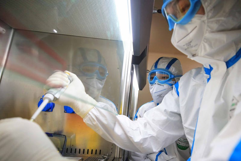 Laboratory technicians test samples of virus at a laboratory in Hengyang in China's central Henan province.