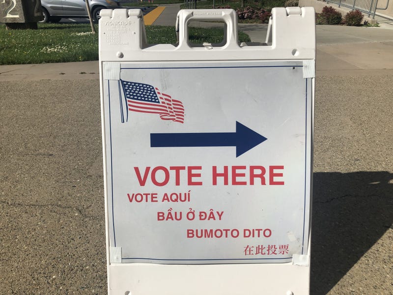 A sign for voters outside of a California polling location.
