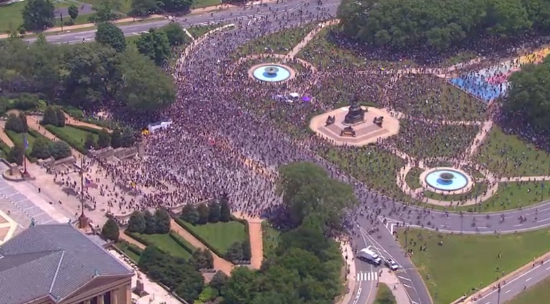 Thousands of protesters assembles Saturday afternoon at the Philadelphia Museum of Art for another day of protests.