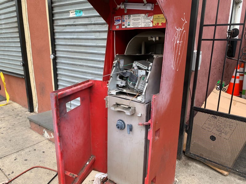 A partially exploded ATM at 2nd Street and Susquehanna Avenue
