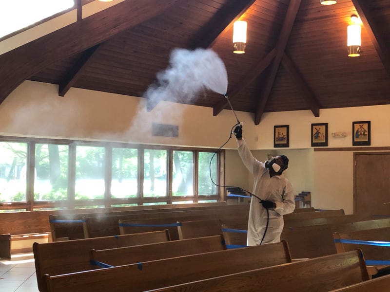 National Restoration wet-fogs a New Jersey church preparing to open after stay-at-home orders are lifted in the state.