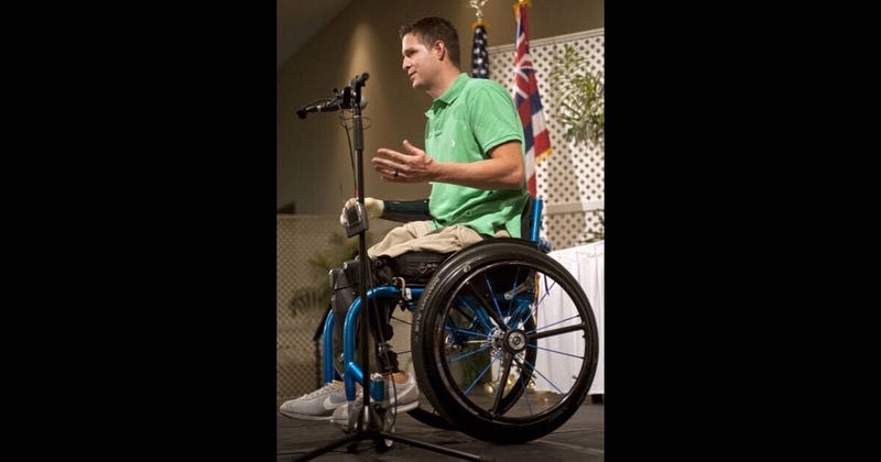 Retired Senior Airman Brian Kolfage, keynote presenter and wounded warrior, addresses the audience during the 52nd Annual Navy League Sea Service Awards Luncheon at the Ala Moana Hotel in 2012.