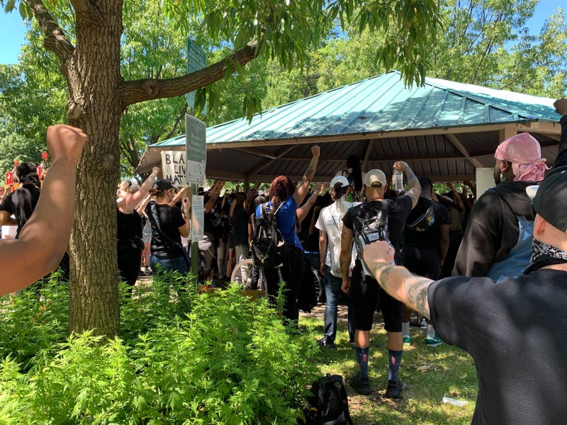 Protesters at Malcolm X Park in West Philadelphia called for an end to police in schools, as well as slashing police funding.