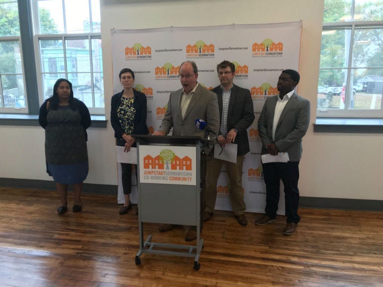Ken Weinstein, founder of Jumpstart Germantown, speaking at a press conference.