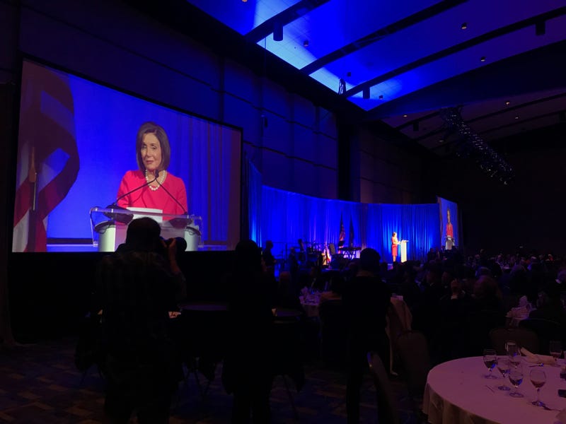 Speaker of the House Nancy Pelosi addresses an audience of hundreds at the Pa. Democratic Party's Inaugural Independence Dinner