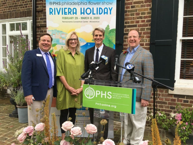 PHS chief of shows and events Sam Lemheney; 2020 Flower Show chair Helen Horstmann; John Kelly; PHS president Matt Rader