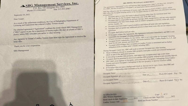 A letter from the management company for Lindley Tower Apartment to displaced residents.