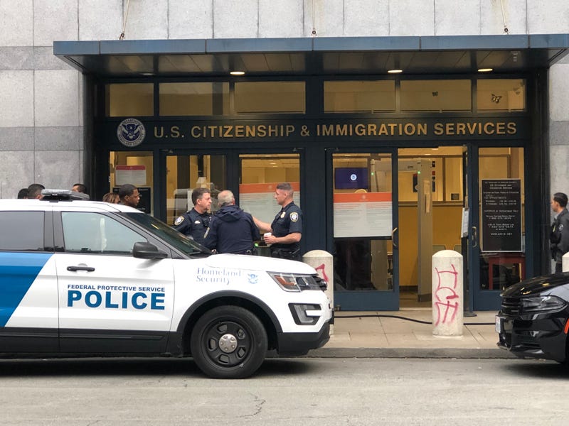 A scene from outside the U.S. Citizenship and Immigration Services office in San Francisco in July 2019.