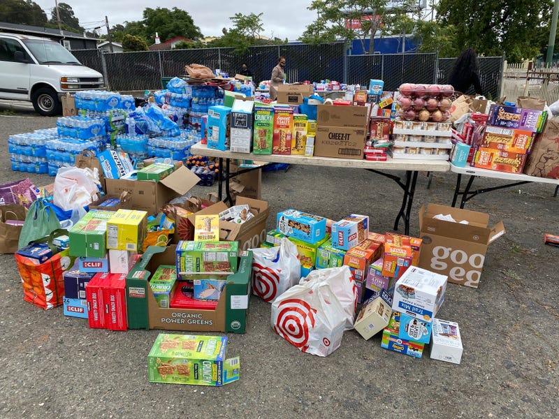 An overflow of supplies for protesters at a collection spot in Oakland.