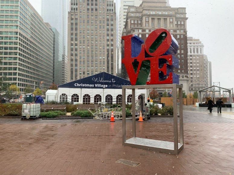 The Christmas Village is going up at LOVE Park in Philadelphia.