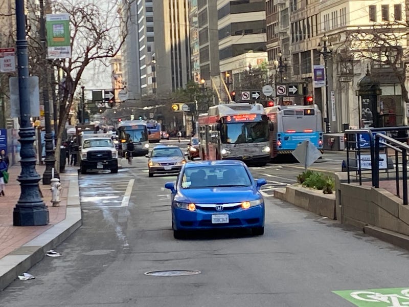 Private cars will no longer be permitted to drive on much of Market Street in downtown San Francisco starting Jan. 29, 2020.
