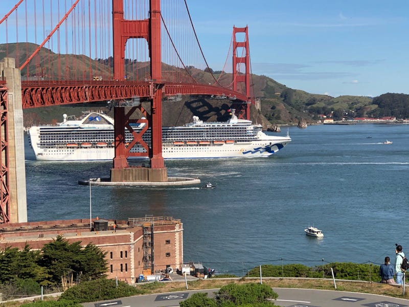 The Grand Princess cruise ship pulled into San Francisco Bay on March 9, 2020 carrying at least 21 people who are infected with COVID-19.