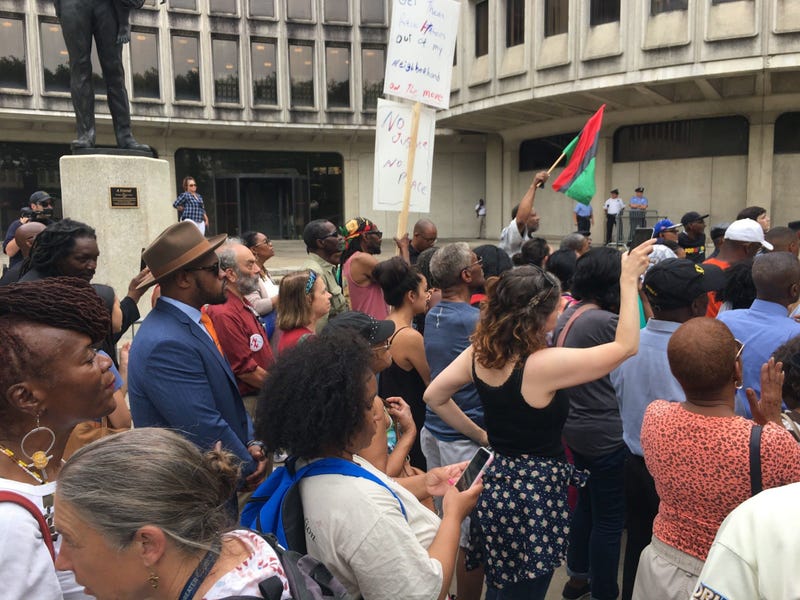 About 100 demonstrators protested at Philadelphia Police headquarters.