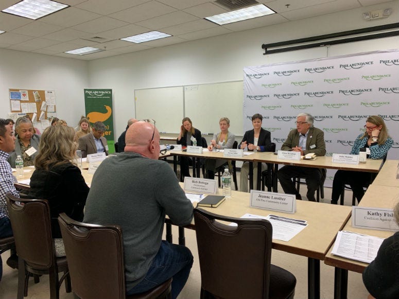 Pa. DHS secretary Teresa Miller, center, hosted a roundtable Monday at the offices of Philabundance.