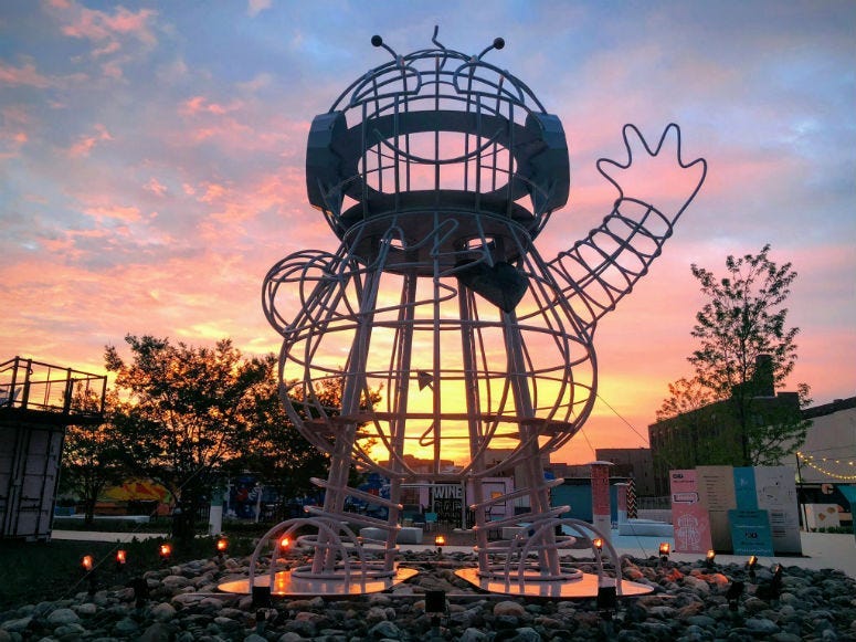 BEBOT is a 13,000 pound, 33-foot statue trucked to Philadelphia from the Burning Man festival in Nevada.