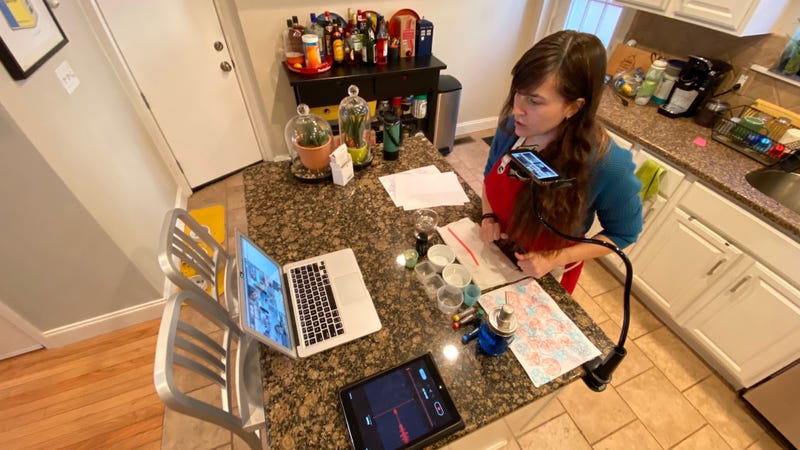 Art teacher Leslie Grace teaches classes from her home during the pandemic.