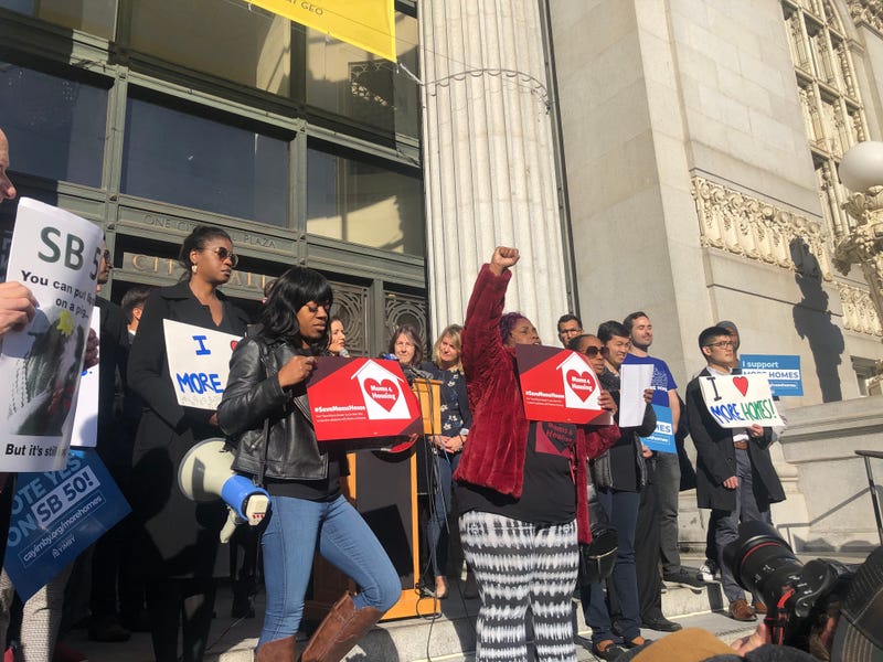 Protestors from Moms 4 Housing interrupted a press conference on Jan. 7, 2020about state Sen. Scott Wiener's proposal to foster the construction of affordable housing near transit hubs.