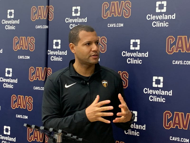 Koby Altman takes questions on April 12 at Cleveland Clinic Courts