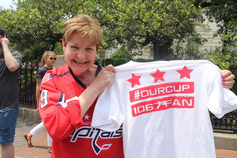 The 106.7 The Fan Street Team gives out #OurCup t-shirts in honor of The Washington Capitals winning the 2018 Stanley Cup Finals.
