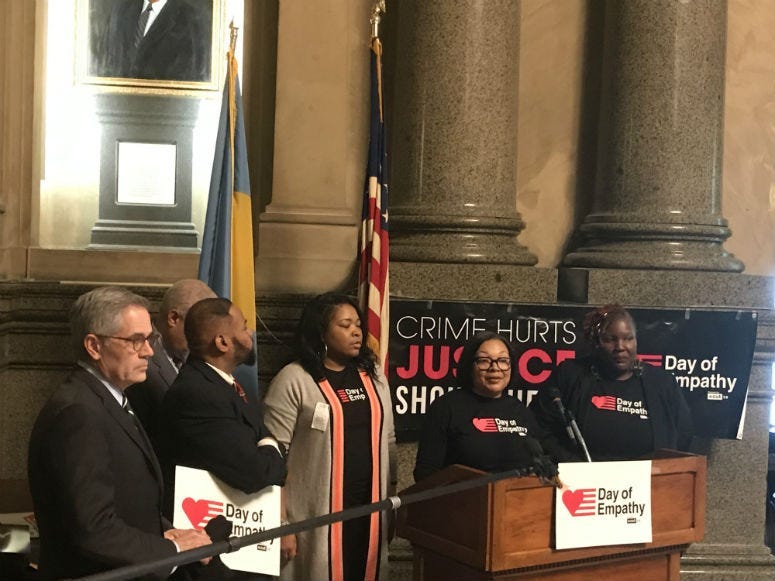 To show support for people serving life sentences, Carrington joined Tonie Willis with the organization Cut 50 at city hall Tuesday for Philadelphia's Day of Empathy.