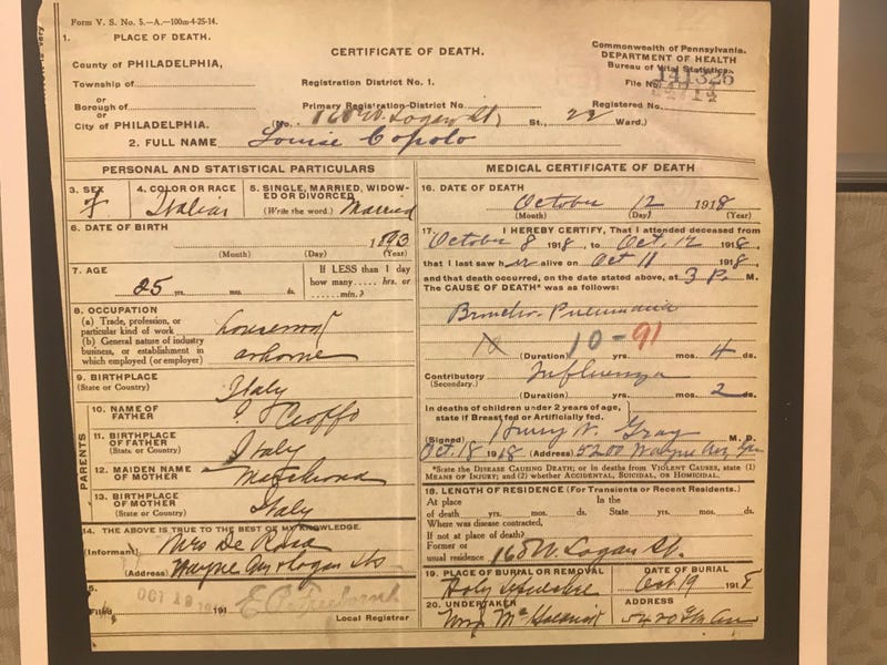 A death certificate for a flu victim during the 1918 pandemic, on display in a new exhibit at the Mütter Museum.