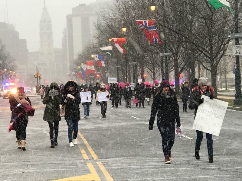 Despite bitter temperatures and snow, thousands attended the Women's March on the Benjamin Franklin Parkway Saturday.