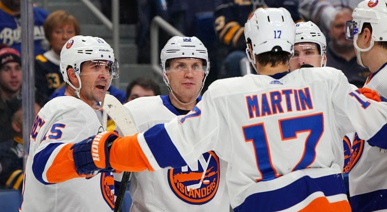 New York Islanders center Casey Cizikas (53) celebrates his goal scored against the Buffalo Sabres during the first period at KeyBank Center.