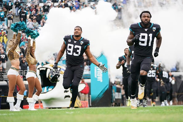 Calais Campbell (l) and Yannick Ngakoue (r.) take the field for the Jaguars.