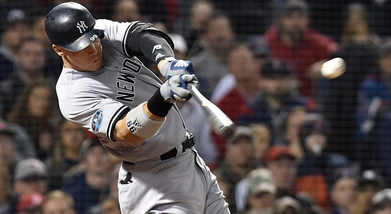 Aaron Judge celebrates a homer vs. the Red Sox.