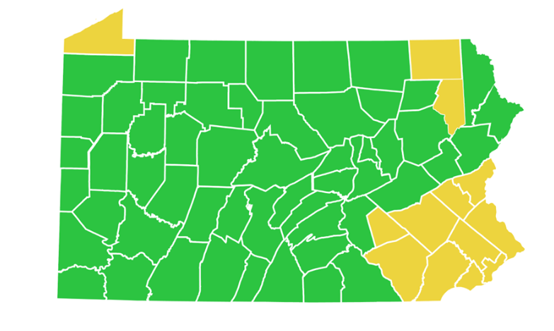 Pennsylvania COVID-19 Reopening County Map - June 19