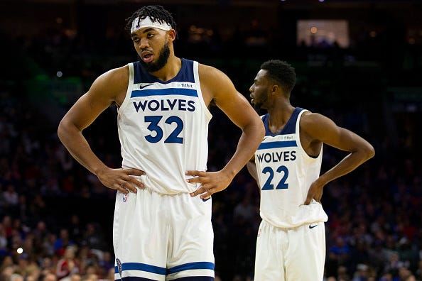 Karl-Anthony Towns looks on in frustration with the Timberwolves.