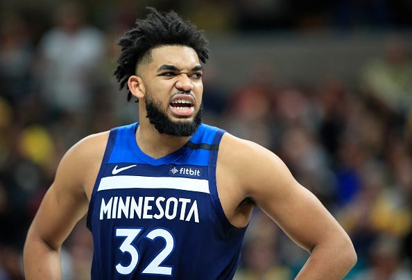 Karl-Anthony Towns reacts after a play with the Timberwolves.