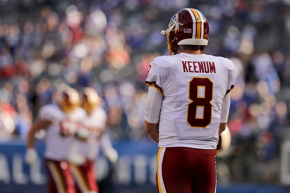 Redskins QB Case Keenum watches from the sideline in Week 4 against the Giants.