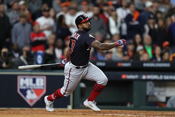 Howie Kendrick hits a home run in Game 7 of the World Series.