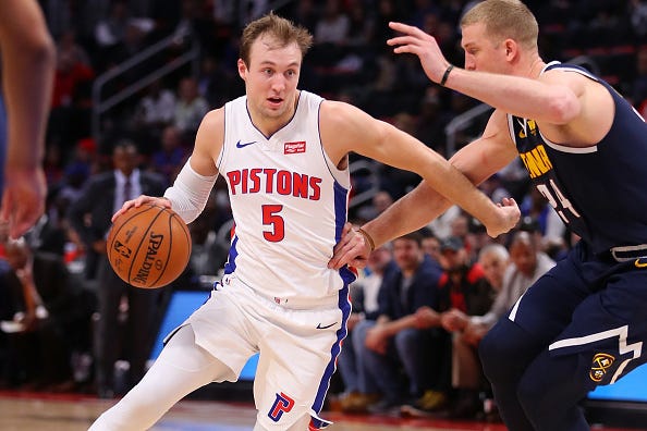 Pistons F Luke Kennard penetrates the lane against the Nuggets.