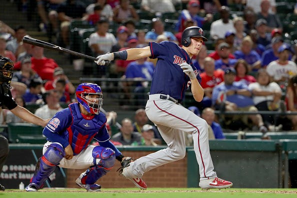Max Kepler connects for a hit against the Texas Rangers.