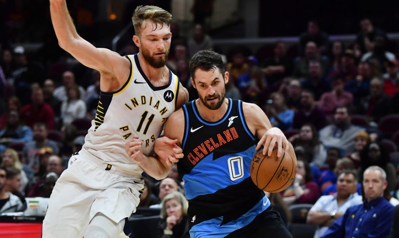 Oct 26, 2019; Cleveland, OH, USA; Cleveland Cavaliers forward Kevin Love (0) drives to the basket against Indiana Pacers forward Domantas Sabonis (11) during the second half at Rocket Mortgage FieldHouse. Mandatory Credit: Ken Blaze-USA TODAY Sports