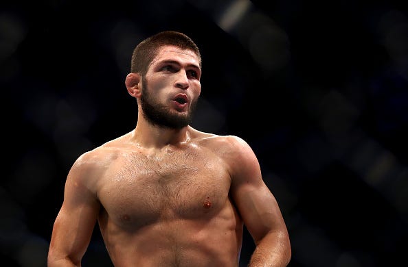 Khabib Nurmagomedov looks on in a fight with Dustin Piorier at UFC 242.