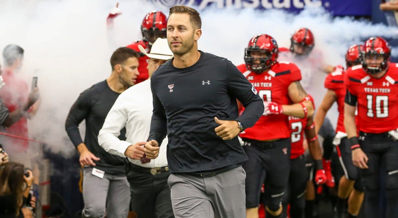 Sep 1, 2018; Houston, TX, USA; Texas Tech Red Raiders head coach Kliff Kingsbury leads the team onto the field before the game against the Mississippi Rebels at NRG Stadium. Mandatory Credit: Troy Taormina-USA TODAY Sports