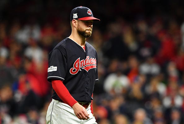 Indians pitcher Corey Kluber leaves the mound in Game 5 of the 2017 NLDS.