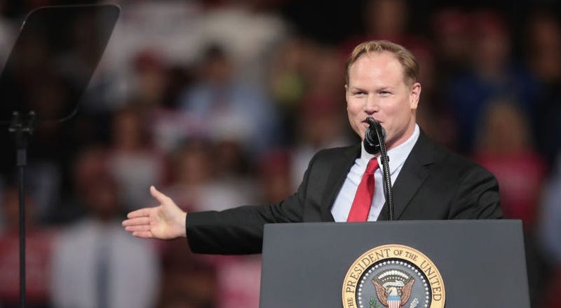 As a then-candidate, Kansas' 2nd district Steve Watkins speaks at a rally with President Donald Trump at the Kansas Expocenter on October 6, 2018