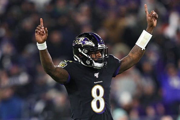 Ravens QB Lamar Jackson celebrates a score.