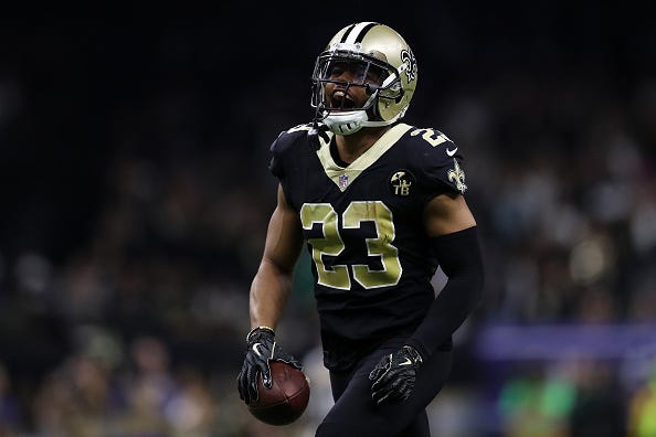Marshon Lattimore celebrates a play for the Saints.