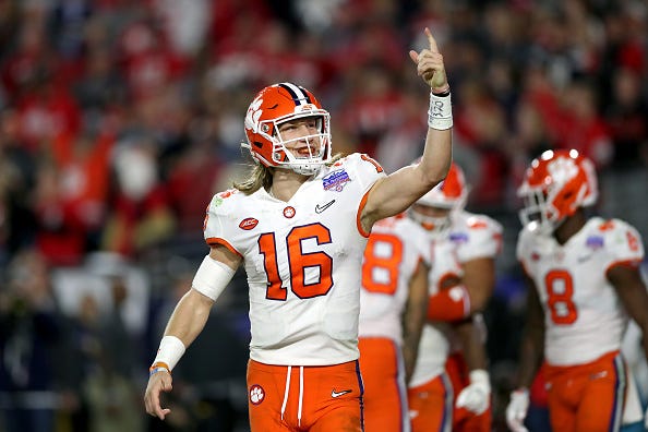 Clemson QB Trevor Lawrence celebrates a TD.